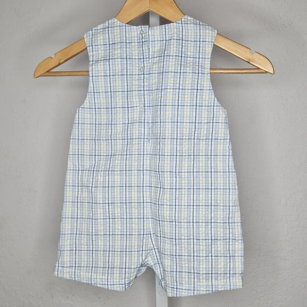 Simply‎ Smock Baby Blue Yellow Plaid Duckling Hand Smocked Romper Sunsuit Kids